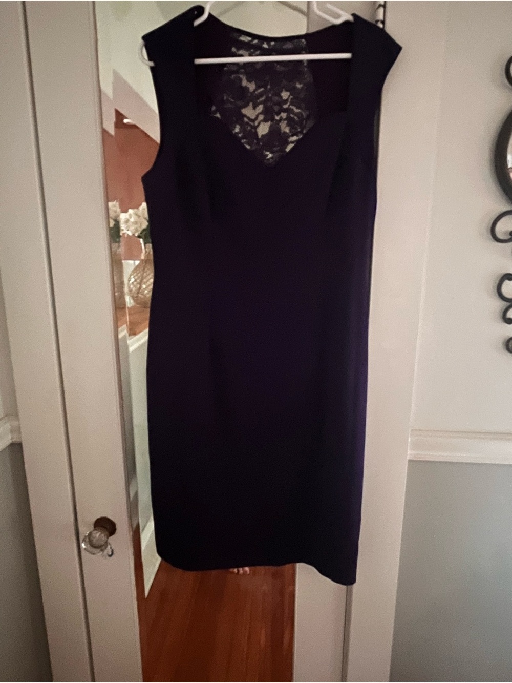Sleeveless Lace-Back Midi Sheath Dress in Deep Purple